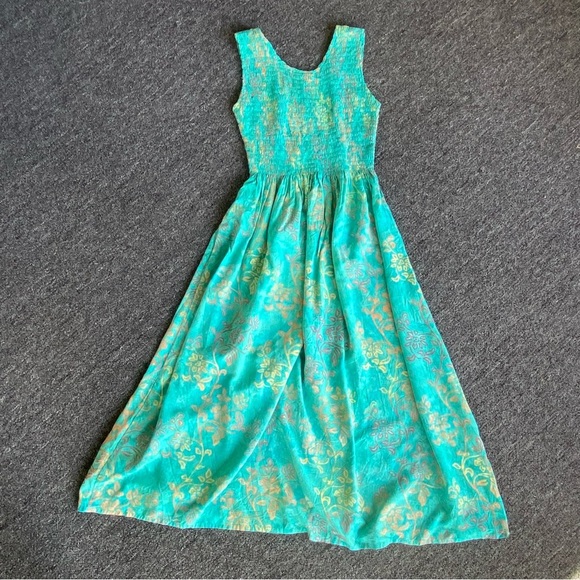 GO FISH Sleeveless Maxi Dress Women’s M - Smocked Teal Floral Handmade Boho Y2K - Picture 5 of 7